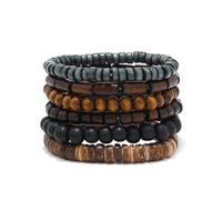 FJDRSIG 6 Pcs Wooden Stretch Bracelets, Multi-Layer Brown Bead Bracelet Men, Elastic Detachable Natutral Beads Wristband, Gothic Mens Wrist Bracelets, as Gift for Family, Friends, Colleagues