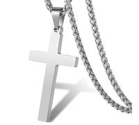 FJDRSIG Cross Necklace for Men, Stainless Steel Silver Crucifix Pendant Necklace with Chain 50-60cm,Christian Faith Jewelry for Boys and Men,Baptism Confirmation Birthday Religious Gift