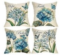 Fjfz Christian Spring Blue Flower Decorative Throw Pillow Covers 18 x 18 Set of 4, Religious Summer Hydrangea Floral Porch Outdoor Home Decor, Hope Faith Believe Love Butterfly Couch Cushion Case