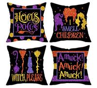 Fjfz Halloween Hocus Pocus Decorative Throw Pillow Covers 18 x 18 Set of 4, Sanderson Sisters Witches Broom Polka Dots Porch Outdoor Home Decor, Black Purple Fall Holiday Sofa Couch Cushion Case