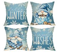 Fjfz Hello Winter Blue Gnome Decorative Throw Pillow Covers 18 x 18 Set of 4, Warm Winter Wishes Snowflake Coffee Porch Outdoor Home Decor, Christmas Seasonal Sofa Couch Cushion Case