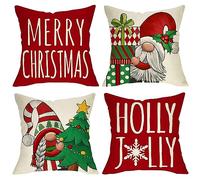 Fjfz Merry Christmas Gnome Decorative Throw Pillow Cover Set of 4, Xmas Tree Holly Jolly Red Porch Patio Home Decor, Winter Holiday Snowflakes Polka Dot Gifts Outdoor Sofa Couch Cushion case 18 x 18
