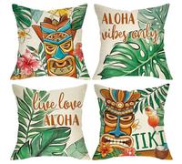 Fjfz Summer Tiki Palm Leaves Decorative Throw Pillow Covers 18 x 18 Set of 4, Aloha Vibes Only Tropical Hawaii Porch Patio Outdoor Home Decor, Live Love Aloha Hibiscus Flower Couch Cushion Case