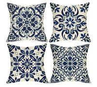 Fjfz Vintage Morocco Flower Decorative Throw Pillow Covers 20 x 20 Set of 4, Chinoiserie Blue and White Porcelain Floral Porch Outdoor Home Decor, Moroccan Aesthetic Art Sofa Couch Cushion Case