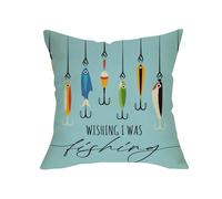 Fjfz Wishing I was Fishing Decorative Throw Pillow Cover 18 x 18, Blue Fish Lure Coastal Beach Lake House Outdoor Home Decor, Nautical Fisherman Fishing Lover Gifts Sofa Couch Cushion Case