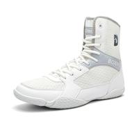 FJJLOVE Boxing Shoes for Training & Competition, Lightweight Men Women Wrestling Footwear Breathable High Top Combat Boots,Grey,6.5 UK