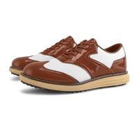 FJJLOVE Men's Golfers Shoes Spikeless Leather Golfing Sneakers Non Slip Low Top Comfort Casual Walking Shoes Big Size,Brown,8 UK