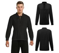 FJKVKDT Men's Medieval Renaissance Shirt, Lace Up V Neck Long Sleeve Pirate Shirt, Stand Collar Gothic Viking Casual Shirt for Cosplay Halloween LARP (Black, XL)