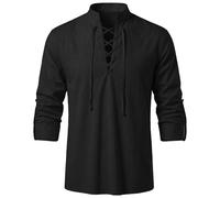 FJKVKDT Men's Medieval Renaissance Shirt, Lace Up V Neck Long Sleeve Pirate Shirt, Stand Collar Gothic Viking Casual Shirt for Cosplay Halloween LARP (Black, XXXL)