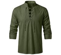 FJKVKDT Men's Medieval Renaissance Shirt, Long Sleeve Stand Collar | Lace-up Pirate Viking Gothic Vintage Top, for Cosplay, Halloween, LARP & daily wear, comfy loose-fit top