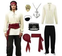 FJKVKDT Men's Pirate Costume Full Set - Medieval Renaissance Viking Outfit with Stand Collar Lace-Up Shirt, Pants & 8-Piece Pirate Accessories for Halloween Cosplay, Theme Party, Carnival (Beige, XL)
