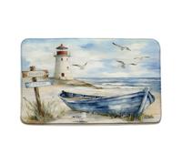 FJLLFJ Nautical Coastal Bath Mat,Ocean Beach Lighthouse Seasides Sailboat Seagull Blue Bathroom Kitchen Runner Rug,Faux Wool Material,18x30 Inch