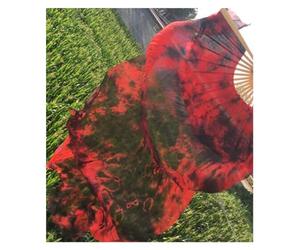 FJOADNVM Belly Dance Fans Professional Belly Dance Silk Fan Veils Black Flower Green Background Dacing Long Fans Multi Size(Red,120cm)