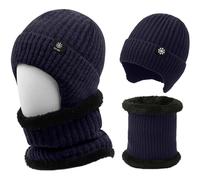 Fjquamitix 2 Pack Knit Beanie Hat and Scarf Set for Men and Women - Warm Winter Elastic Thermal-Spun Acrylic Set for Skiing, Snowboarding, Christmas Gifts (Dark Blue)