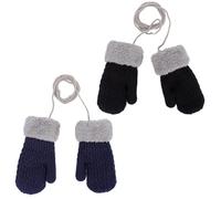 Fjquamitix 2 Pairs Baby Winter Knitted Mittens with String Cute Warm Fleece Lined Gloves Fluffy Mittens for Cold Weather Toddler Girls Boys Age 1-3 Years (Black+Navy)