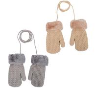 Fjquamitix 2 Pairs Baby Winter Knitted Mittens with String Cute Warm Fleece Lined Gloves Fluffy Mittens for Cold Weather Toddler Girls Boys Age 1-3 Years (Beige+Light Grey)