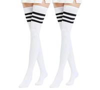 Fjquamitix 2 Pairs Cotton Knee High Socks for Women,Breathable Anti-friction Thigh High Socks,Knitted Stockings for Sports,Fashion,School and Daily Wear UK 3-6 (White)