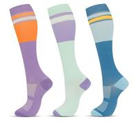 Fjquamitix 3 Pairs Compression Socks for Women& Men 20-30 mmHg Graduated Flight Compression Stockings Knee-High Support Socks for Athletic, Pregnancy, Varicose Veins (Purple, green, blue, L/XL)