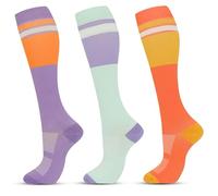 Fjquamitix 3 Pairs Compression Socks for Women& Men 20-30 mmHg Graduated Flight Compression Stockings Knee-High Support Socks for Athletic, Pregnancy, Varicose Veins (Purple, green,orange, L/XL)
