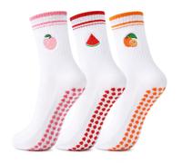 Fjquamitix 3 Pairs Pilates Socks Stripes Embroidered Fruit Pattern Grip Socks Cotton Non-Slip Socks Women Size 36-40 Soft Comfortable Sports Socks for Fitness Home Sports, Pink, red, orange, One Size
