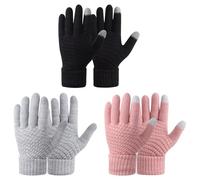 Fjquamitix 3 Pairs Women Thermal Touch Screen Gloves, Winter Warm Elastic Knitted Soft Fleece Lined Gloves for Indoor Outdoor (Black+Gray+Pink, One Size)
