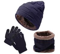 Fjquamitix 3Pcs Kids Hat Scarf Gloves Set, Winter Knitted Fleece Lined Beanie Hat Neck Warmer Touch Screen Gloves for Girls Boys (Navy)