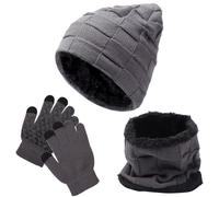 Fjquamitix 3Pcs Kids Hat Scarf Gloves Set, Winter Knitted Fleece Lined Beanie Hat Neck Warmer Touch Screen Gloves for Girls Boys (Gray)