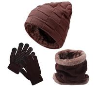 Fjquamitix 3Pcs Kids Hat Scarf Gloves Set, Winter Knitted Fleece Lined Beanie Hat Neck Warmer Touch Screen Gloves for Girls Boys (Coffee)