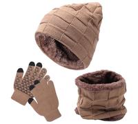 Fjquamitix 3Pcs Kids Hat Scarf Gloves Set, Winter Knitted Fleece Lined Beanie Hat Neck Warmer Touch Screen Gloves for Girls Boys (Khaki)