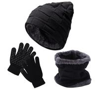 Fjquamitix 3Pcs Kids Hat Scarf Gloves Set, Winter Knitted Fleece Lined Beanie Hat Neck Warmer Touch Screen Gloves for Girls Boys (Black)