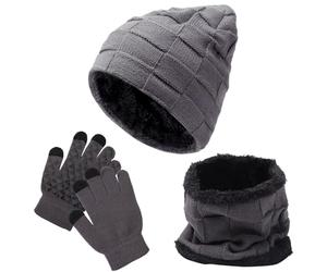 Fjquamitix 3Pcs Kids Hat Scarf Gloves Set, Winter Knitted Fleece Lined Beanie Hat Neck Warmer Touch Screen Gloves for Girls Boys (Gray)