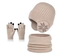 Fjquamitix 3PCS Kids Winter Hat Scarf and Gloves Set, Warm Thermal Knitted Beanie Cap with Earmuffs, Snood Neck Warmer Touchscreen Mitten with Soft Fleece Lining for Girls Boys Age 4-10 (A)