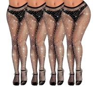 Fjquamitix 4PCS Rhinestone Fishnet Tights Women, Black sparkly tights, Large Rhinestone Pantyhose Fishnet Socks, Rhinestone Mesh Tights (UK, Alpha, One Size, Plus, Regular, Black(70kg-100kg)