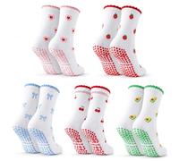 Fjquamitix 5 Pairs Pilates Socks Cute Embroidery Yoga Socks with Grips Non Slip Ruffle Cotton Pilates Reformer Socks for Ballet Fitness Home, UK 4-7