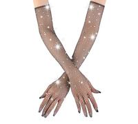 Fjquamitix Fishnet Gloves Sparkly Rhinestone Long Mesh Gloves 80s Fashion Arm Sleeves Evening Party Cosplay Costume Halloween Accessories for Women & Girls (BLACK, One Size)