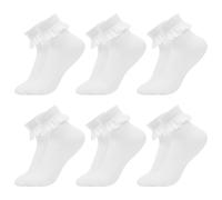 Fjquamitix Girls Socks Frilly 6 Pairs Cotton Rich White Lace Trim Socks for School Dress Super Soft Everyday Wear Durable Breathable Quick-Drying (3-5 Years)