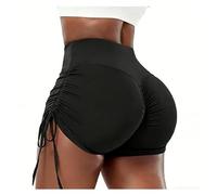 Fjquamitix Gym Shorts for Women Ruched Butt Hot Pants with Drawstring Side High Waist Tummy Control Lifting Booty Shorts for Running Gym Cycling Sports (UK, Alpha, M, Regular, Regular, Black)