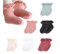 Fjquamitix InfiniZer 6 Pairs Grip Socks for Kids, Cotton Mid-Calf Socks with Lace Border，Suitable for children aged 6 months - 6 years (UK, Age, 0 Months, 6 Months, Multicolor)