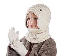 Fjquamitix Kids Winter Hat Scarf and Gloves Set,Warm Thermal Knitted Beanie Cap(with Earmuffs) Snood Neck Warmer Touchscreen Mitten with Soft Fleece Lining for Girls Boys Age 4-10 (Beige)