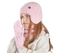 Fjquamitix Kids Winter Hat Scarf and Gloves Set,Warm Thermal Knitted Beanie Cap（with Earmuffs） Snood Neck Warmer Touchscreen Mitten with Soft Fleece Lining for Girls Boys Age 4-10 (Pink)