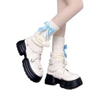 Fjquamitix Leg Warmers For Teen Girls Women Y2K Cute Bow & Furball Design Soft Knitted Long Lolita Kawaii Knee High Socks Stretchy Boot Cuffs For Cosplay Daily Dance Parties (Blue Bow, One Size)