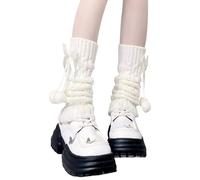 Fjquamitix Leg Warmers For Teen Girls Women Y2K Cute Bow & Furball Design Soft Knitted Long Lolita Kawaii Knee High Socks Stretchy Boot Cuffs For Cosplay Daily Dance Parties (White Bow, One Size)