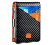 Fjquamitix Mens Slim RFID Blocking Wallet - Carbon Fiber Card Holder with 12 Slots, ID Window & Money Clip | Minimalist Design with Hidden Pocket | Ideal for Travel, Work & Gifts (Orange Interior)