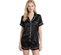 Fjquamitix Silk Pajamas for Women,Short Sleeve PJ Shorts Set,Satin Sleepwear,Lightweight Women's Pyjama Sets for Loungewear (UK, Alpha, XXL, Regular, Regular, Black)