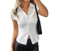 Fjquamitix Women Button Up Shirt Y2k Short Sleeve V Neck Cropped Blouse Slim Fitted Collared Top Cute Preppy Coquette Tops Solid Office Shirt (UK, Alpha, L, Regular, Regular, White)
