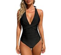 Fjquamitix Women‘s Tummy Control Swimsuit One Piece - Slimming Ruched Design, Sexy V-Neck & Removable Padded Cups, Silky-Smooth for Beach Holiday (UK, Alpha, S, Regular, Regular, Black)