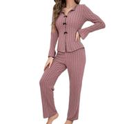 Fjquamitix Women's Cotton Modal Long-Sleeve Pyjama Set, Soft and Breathable Women's Pyjamas Set with Adjustable Waist, Front Button Closure for Her