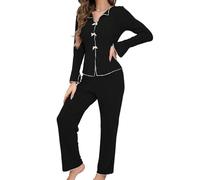 Fjquamitix Women's Cotton Modal Long-Sleeve Pyjama Set, Soft and Breathable Women's Pyjamas Set with Adjustable Waist, Front Button Closure for Her Black