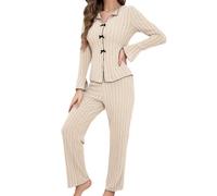 Fjquamitix Women's Cotton Modal Long-Sleeve Pyjama Set, Soft and Breathable Women's Pyjamas Set with Adjustable Waist, Front Button Closure for Her Beige White