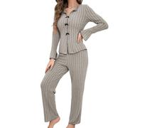Fjquamitix Women's Long-Sleeve Pyjama Set, Soft and Breathable Women's Pyjamas Set with Adjustable Waist, Front Button Closure,Women's Casual Loungewear (UK, Alpha, S, Regular, Regular, Grey)